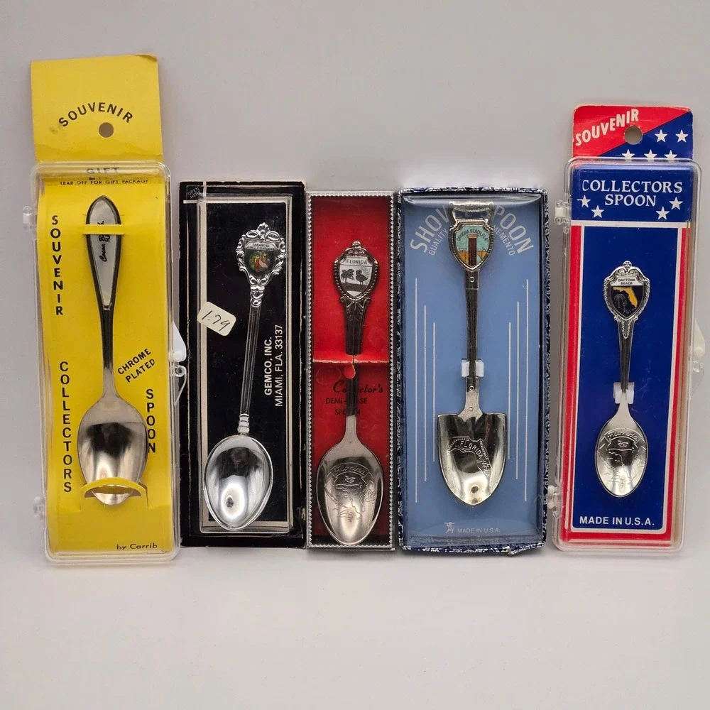 Vintage Florida Souvenir Collector Spoon‎ Set of 5 Cocoa Beach Sarasota Daytona